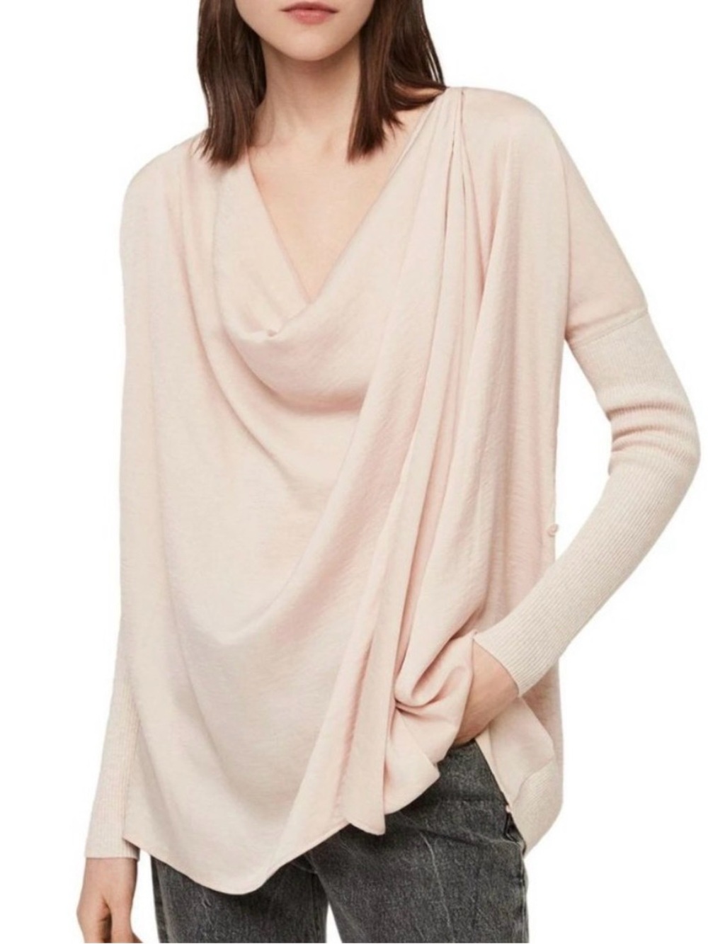 AllSaints Erma Cowl Neck Draped 2-Way Blouse Sweater Pink size XS designer - Picture 1 of 8